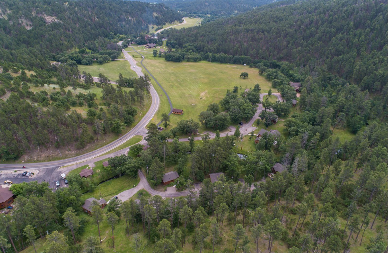 Aerial view of the cabins around the state game lodge at custer state park
