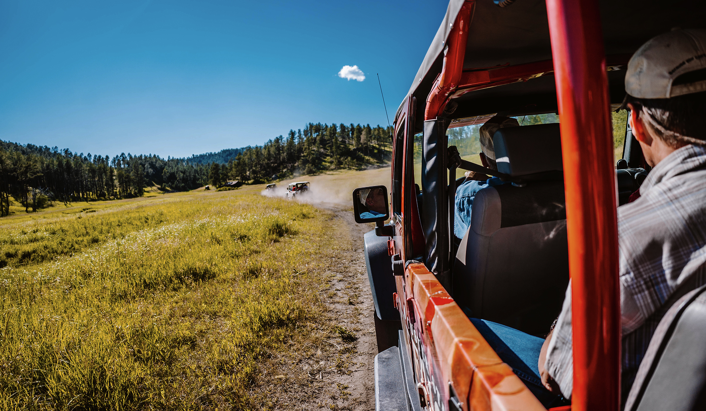Over the shoulder shot of visitors in a Jeep riding through the park