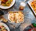 Close-up shot of assorted food and beverages