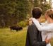 Couple looking over at a Bison during wedding picture