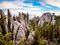 View of hills and mountains with a forest at the base. This is Needles Highway