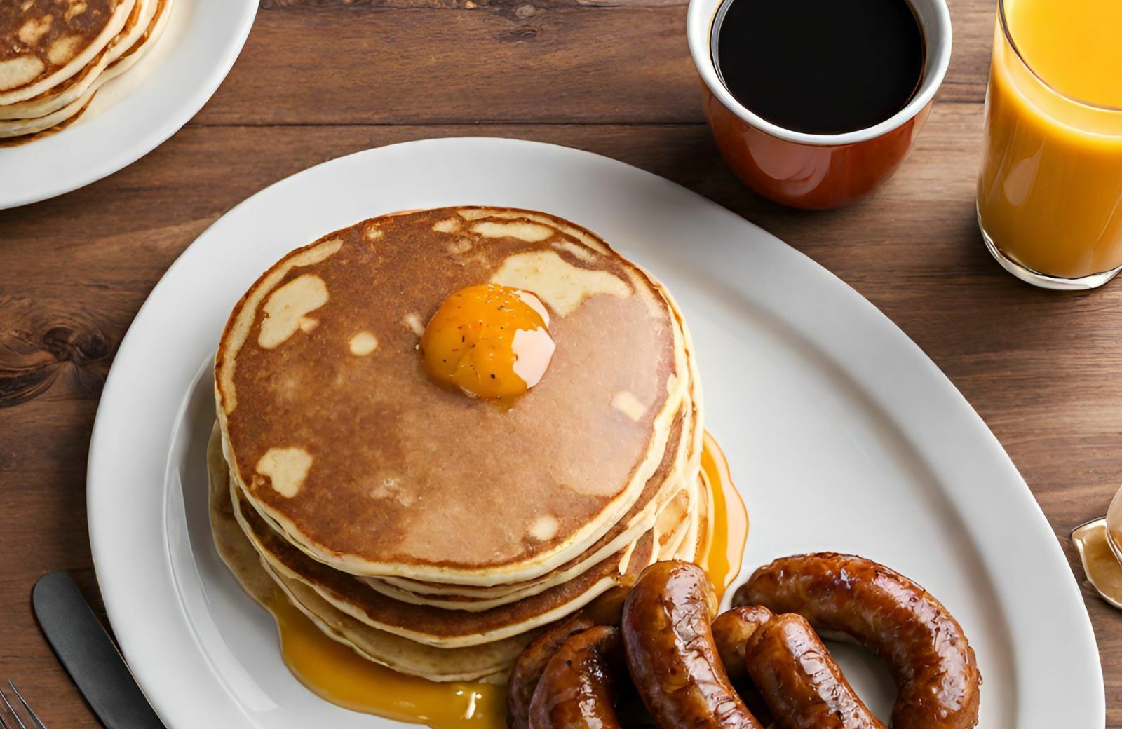 A plate features pancakes and sausage