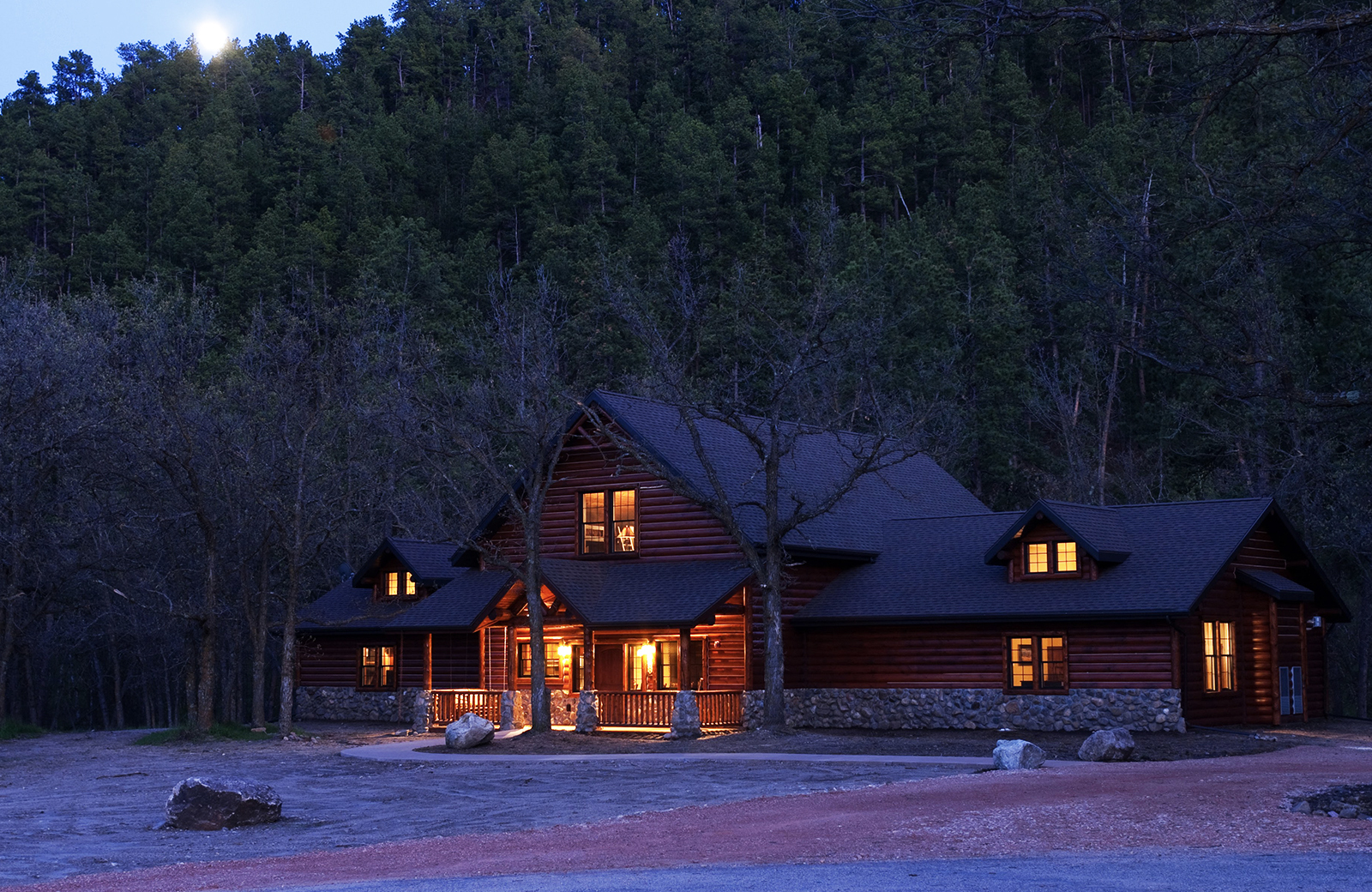 Lodge lit up with lights during the night