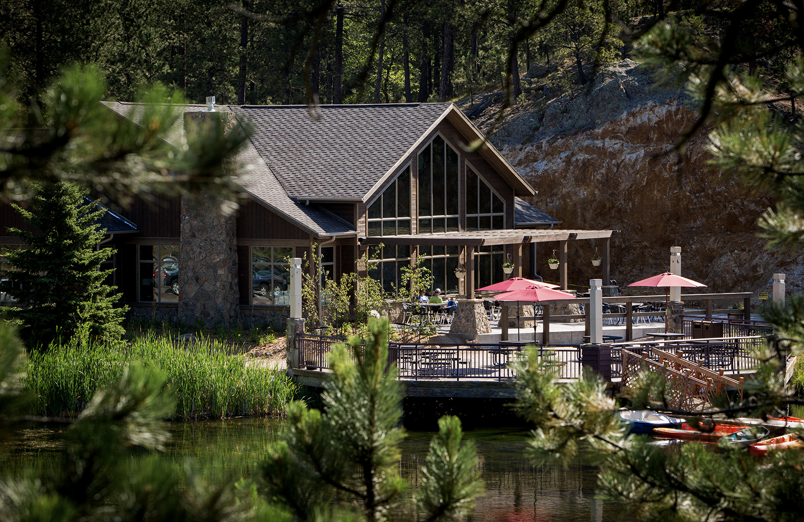 Wide-shot of the patio from the lakeside at Legion Lake
